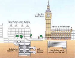 line drawing of Big Ben and tunneling scheme